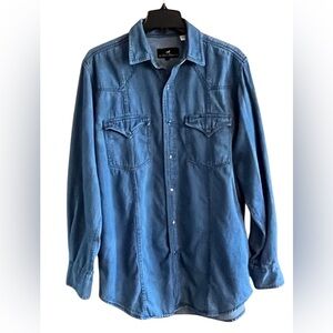 Vintage Western Express Blue Denim Long Sleeve Shirt with Pearlized Snap Buttons